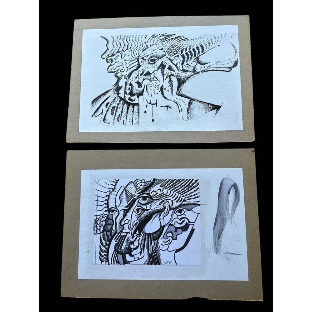 2 Vintage Surrealist Print Paintings Kenneth Licht 1986 Mounted On Cardboard